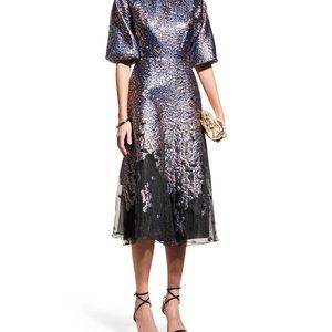Rickie Freeman for Teri Jon Metallic Organza Jacquard Tea-length dress. Size 6.